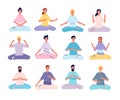 Meditation characters. Male and female person yoga poses sitting in pilates class vector flat persons Royalty Free Stock Photo