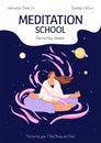 Meditation class poster. Advertising of yoga training. Person practices enlightenment in lotus pose. Girl cares about Royalty Free Stock Photo