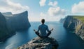 Meditation on Cliff Edge Overlooking Ocean and Dramatic Cliffs, Serene Landscape, Peaceful Mindfulness Practice Royalty Free Stock Photo