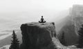Meditation on Cliff Edge Overlooking Scenic Landscape in Black and White Royalty Free Stock Photo