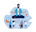 Meditation concept. Big person sitting in lotus pose emotional stress at work vector healthcare business background