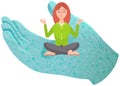 Meditation concept. Pretty yoga woman in lotus pose sitting in human hand doing breathing exercises