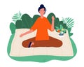 Meditation concept. Relaxing outdoor yoga, woman sitting on nature and meditating. Mind and emotions control, wellbeing
