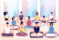 Meditation group. People sit in lotus posture and meditate against panoramic window. Business meditation, team building