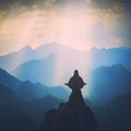 Meditation in a high mountain valley. Instagram stylization Royalty Free Stock Photo