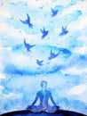 Meditation human, flying birds abstract mind illustration watercolor painting