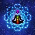 Meditation man with aura and seven chakras with blue galaxy on background