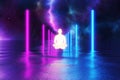 Meditation man flying over magical ocean with light posts, galaxy sky, levitation meditating, psychedelic 3d render