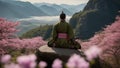 meditation in the mountains A serene scene with a samurai meditating on a rock. The samurai is wearing green and brown armor,