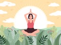 Meditation on nature. Happy girl meets dawn in lotus position, search for zen and soul and body harmony, yoga practice Royalty Free Stock Photo