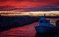 Fishing boat at sunset time. Sunset lake boat silhouette view. Burgas Bay. Bulgaria. Royalty Free Stock Photo