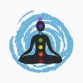 Meditation pose silhouette with chakras. Yoga studio logo template. Royalty Free Stock Photo