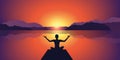 Meditation Silhouette Peaceful Sunset At Lake And Mountains Background