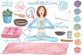 Meditation space set. Watercolor hand drawn Yoga elements and meditating woman Royalty Free Stock Photo