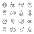 Meditation spiritual monochrome line icon set vector illustration yoga practice relaxation