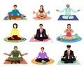 Meditation vector meditating people practice yoga and characters of pregnant woman or businessman meditate in lotus