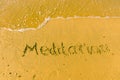 Meditation written on sand Royalty Free Stock Photo