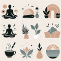 meditation, yoga, and other icons representing mindfulness and relaxation practices.