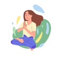 Meditation yoga practice, woman breath training in lotus pose. Peaceful yoga meditation, tranquil girl with closed eyes vector