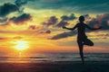 Meditation yoga silhouette of woman on Ocean beach Royalty Free Stock Photo