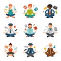 Meditation yoga vector people relax procedure different professions policeman, doctor, businessman and pilot relaxation