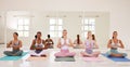 Meditation, yoga and zen friends class in relaxing, healthy and calm pilates studio for holistic breathing, mental Royalty Free Stock Photo