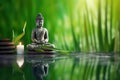 The meditative concept with a Buddha statue and bamboo in green water, in the style of floral still lifes