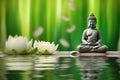 The meditative concept with a Buddha statue and bamboo in green water, in the style of floral still lifes