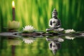 The meditative concept with a Buddha statue and bamboo in green water, in the style of floral still lifes