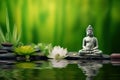 The meditative concept with a Buddha statue and bamboo in green water, in the style of floral still lifes