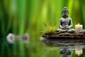 The meditative concept with a Buddha statue and bamboo in green water, in the style of floral still lifes