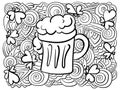 Meditative horizontal coloring page with a glass of beer, clover shamrocks and ornate patterns for activity