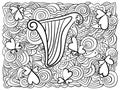 Meditative horizontal coloring page with harp clover shamrocks and ornate patterns for festive activity