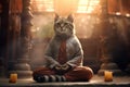 Meditative kitty in a tranquil environment. Serene feline practices Zen meditation in the lotus position, aiming for