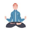 Meditative Male Engaged in Pranayama Practice Sitting in Lotus Position Vector Illustration