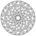 Meditative mandala with striped petals and strokes, zen coloring page in the form of a round frame with patterns