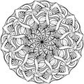 Meditative mandala with swirling motifs and intricate petals, adult and kids coloring page