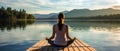 meditative woman on a pontoon on a lake, AI generated