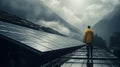 Meditative worker in yellow clothes, standing near solar panels installation, looking into the distance. Generative AI