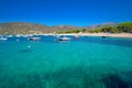 Mediteranian Corsica island with pine trees, sandy beach, tourquise clear water and yach