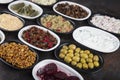 Mediterranean appetizer concept. Traditional Turkish cuisine. Middle Eastern appetizer with beetroot, olives, hummus, stuffed