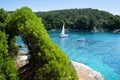 Mediterranean bay with sailing boats, Corfu island, Greece, yachting, sailing, vacations, summer fun, enjoying life concept Royalty Free Stock Photo