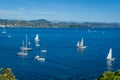 Mediterranean bay with sailing yachts at anchor. Saint-Tropez gulf. Royalty Free Stock Photo