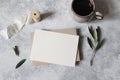 Mediterranean breakfast still life .Moody feminine wedding stationery mock-up scene. Blank greeting card, cup of coffee