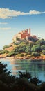 Mediterranean Castle: A Captivating Island Painting In Dalhart Windberg Style