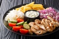 Mediterranean Chicken Shawarma Bowl with french fries, vegetables and sauce close-up. horizontal
