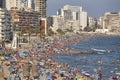 Mediterranean coastline in Spain. Calpe beach. Summer crowd. Alicante