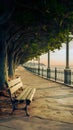 Mediterranean coasts charm captured in city park bench scene