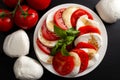 Mediterranean cuisine, fresh vegetarian food and italian culinary art concept with Caprese salad made of mozzarella cheese, rraw Royalty Free Stock Photo