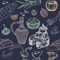 Mediterranean cuisine seamless pattern on blue background. Royalty Free Stock Photo